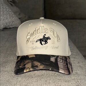 Saddle Up Embroidered Trucker Hat - Cream with Camo Brim